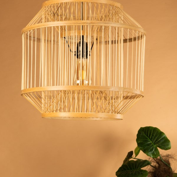 Wood Lantern Pendant Lamp Traditional Bamboo Cage Ceiling Hanging Lamp Shades Double Layer Light Shade,Chandelier Light for Restaurant Cafe Teahouse Bar ( D40 X H38 CM )