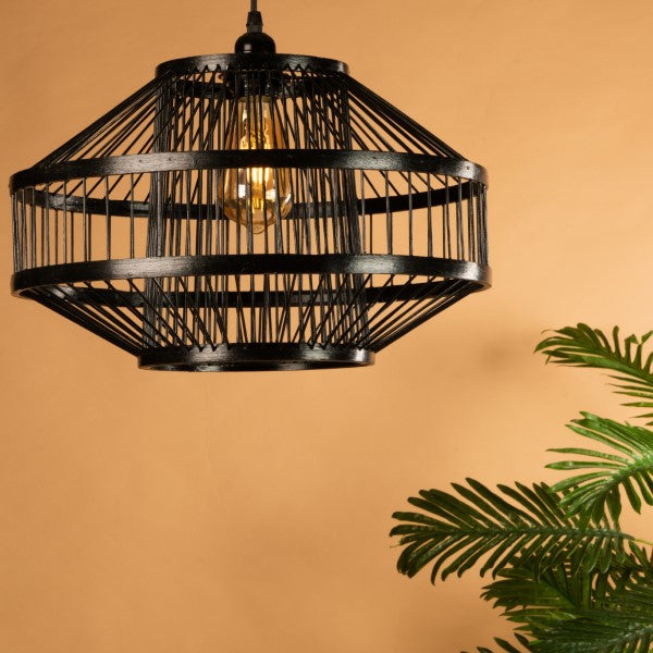 Lantern Lamp Shade Hanging Light Bamboo Lampshade Hanging Lamp in Black Wood Pendant Light Shade Industrial Vintage Ceiling Light Chandelier for Hot Pot Restaurant Coffee Shop Bar ( D40 X H25 CM )